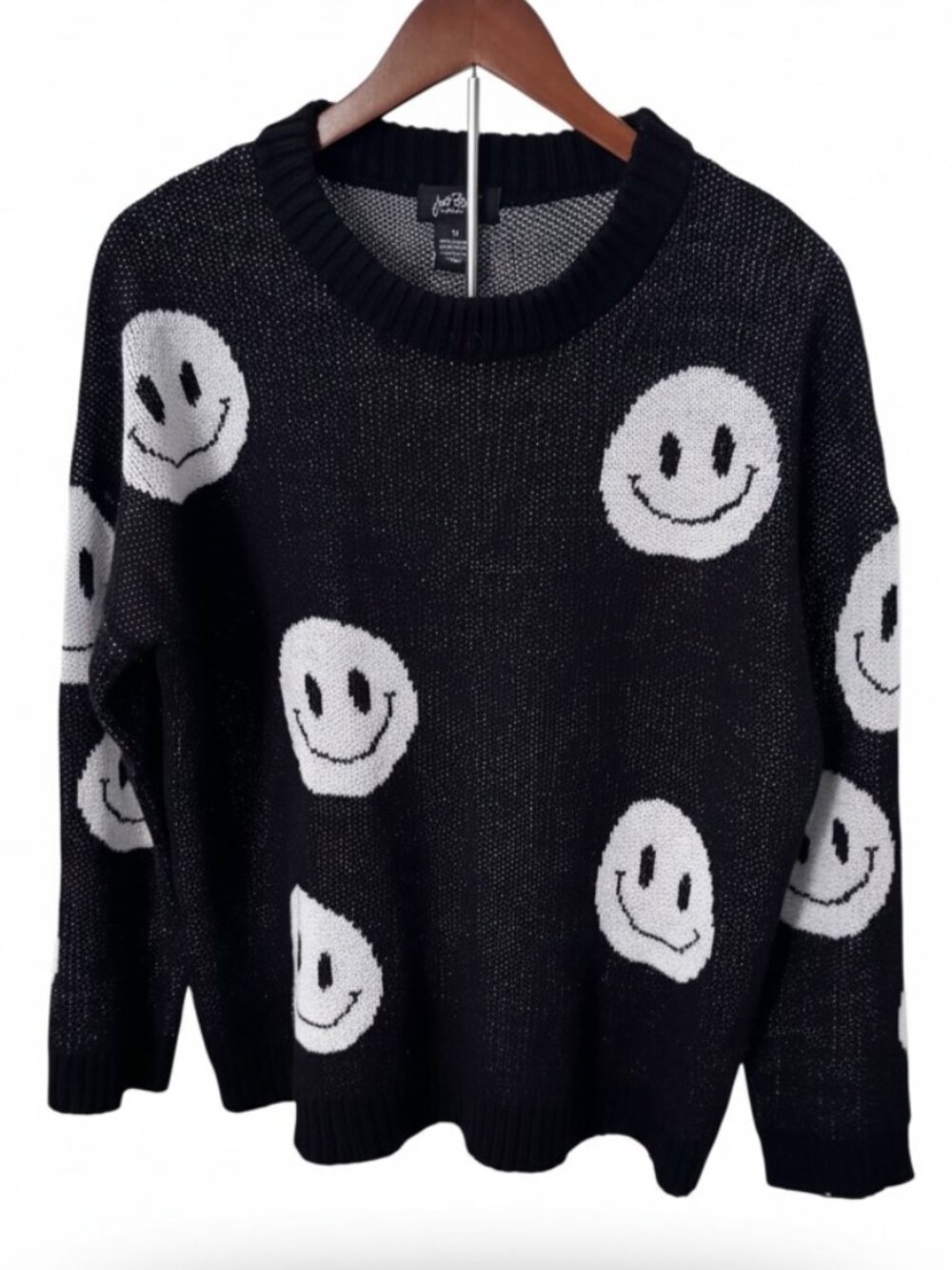 Just Polly Smiley Face Knit Sweater – Black & White – Size M – Cozy Acrylic